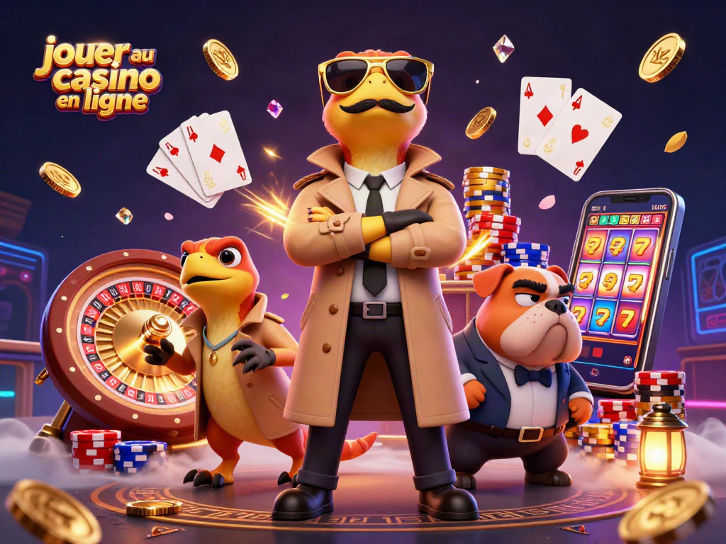 Jouer au casino en ligne avec une illustration dynamique de raptors en trench coat dans un casino VIP.