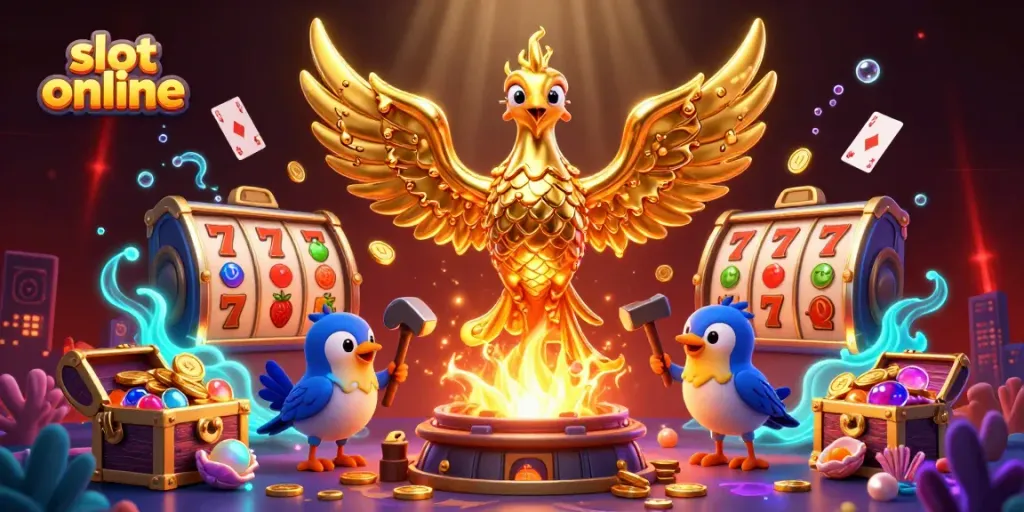 Slot online menampilkan phoenix emas 3D dan simbol permainan slot dalam suasana kasino yang glamour.