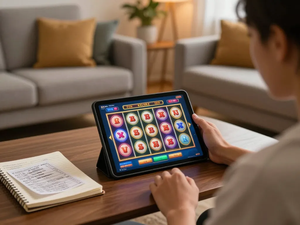Playing สล็อตทดลอง online on a tablet in a cozy home setting, showcasing engaging gameplay and strategic notes