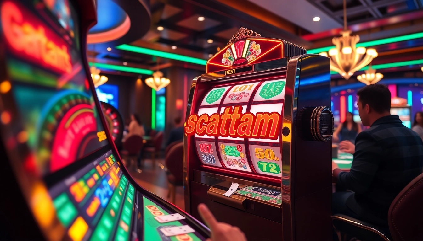 Experience the thrill of scatter hitam at a luxurious casino with vibrant slot machines and eager players.