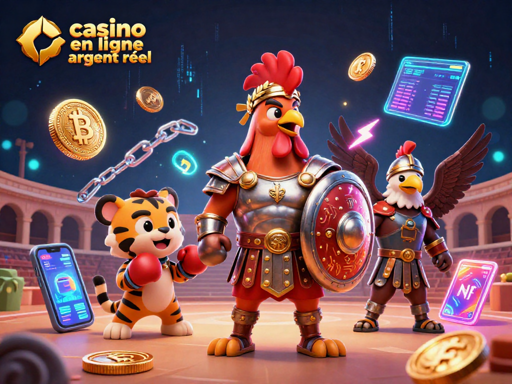 Jeu au casino en ligne argent réel avec un rooster gladiateur et des éléments crypto animés.