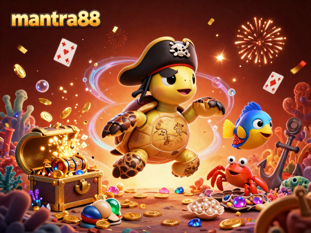 Experience the thrill at mantra88 with a vibrant 3D illustration of characters amidst dynamic casino elements and treasures.