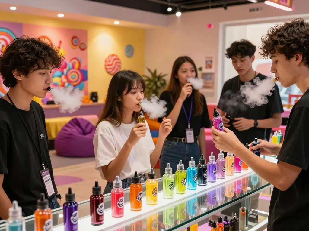 Engaged group enjoying Pop Clouds E-Liquid in a vibrant vape shop.
