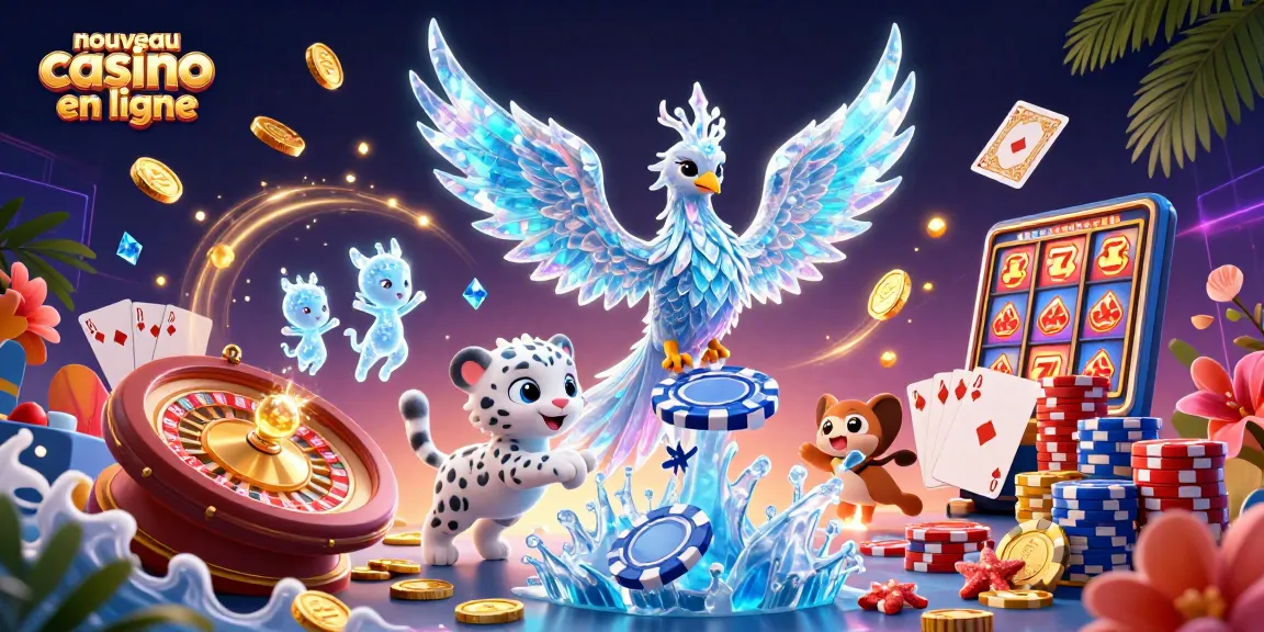 Illustration de nouveau casino en ligne avec un phoenix de glace, un léopard de neige, et des sprites lumineux dans un décor captivant.