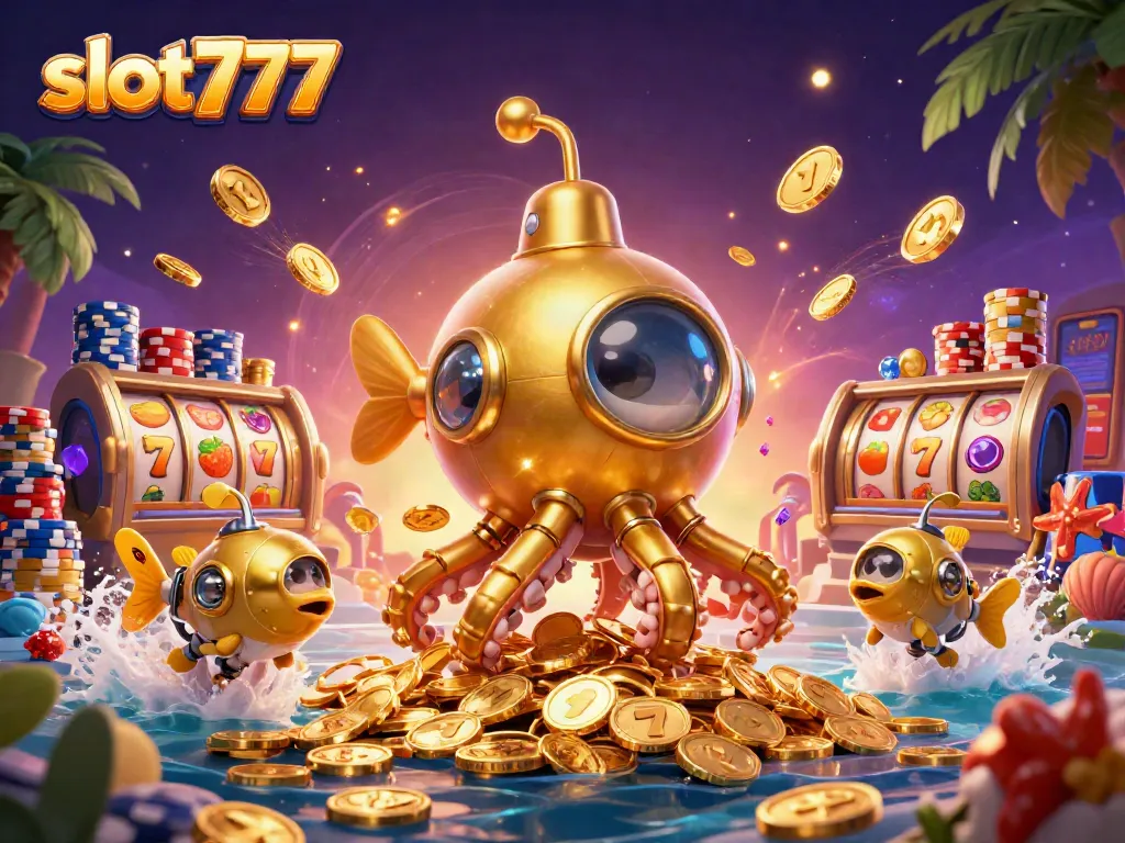 Mainkan slot777 dengan mesin slot yang berpenuhi koin emas dan simbol keberuntungan.