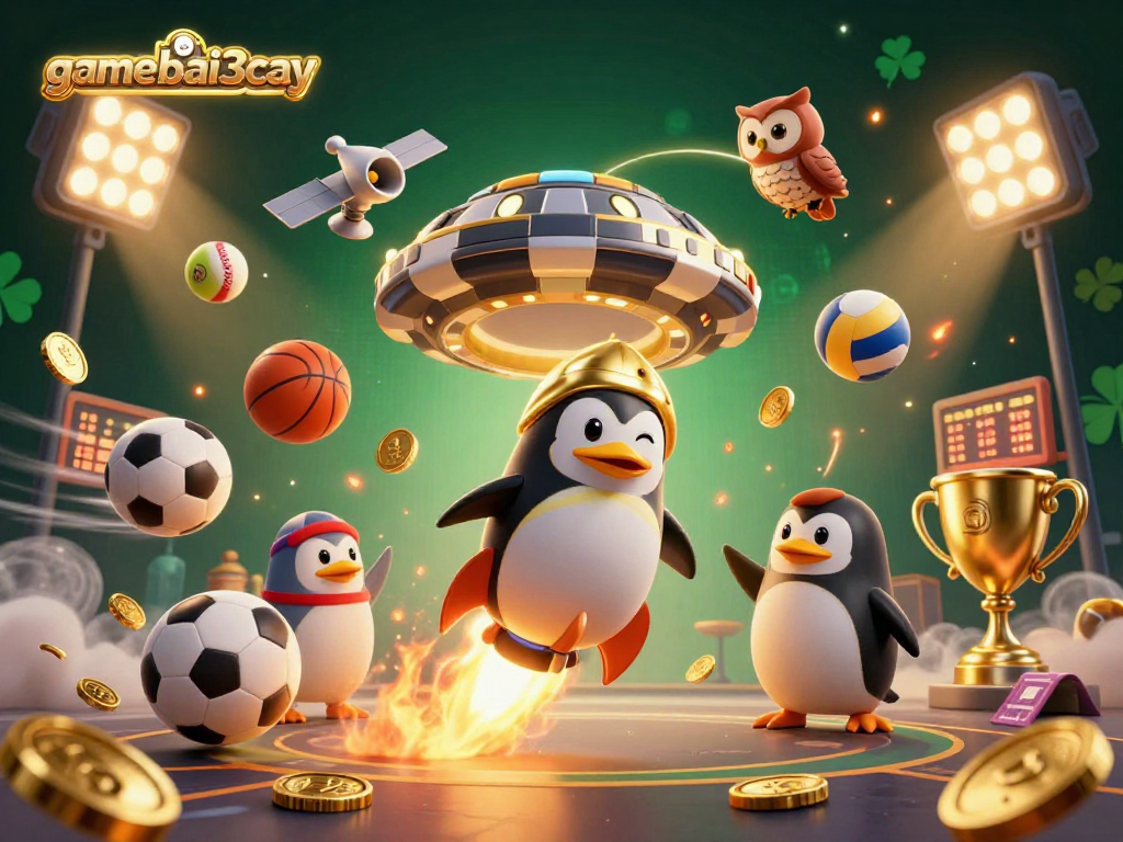 Experience gamebai3cay with a playful rocket-powered penguin navigating a vibrant casino space, surrounded by dynamic sports elements.