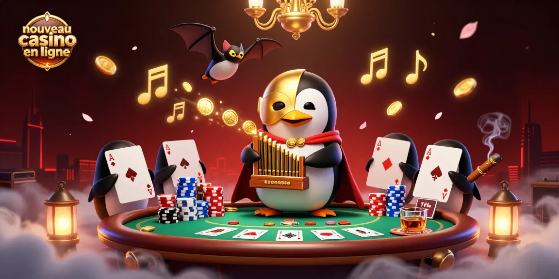 Le nouveau casino en ligne dévoile un spectacle dynamique avec un pingouin jouant sur un orgue, entouré de jetons de poker.