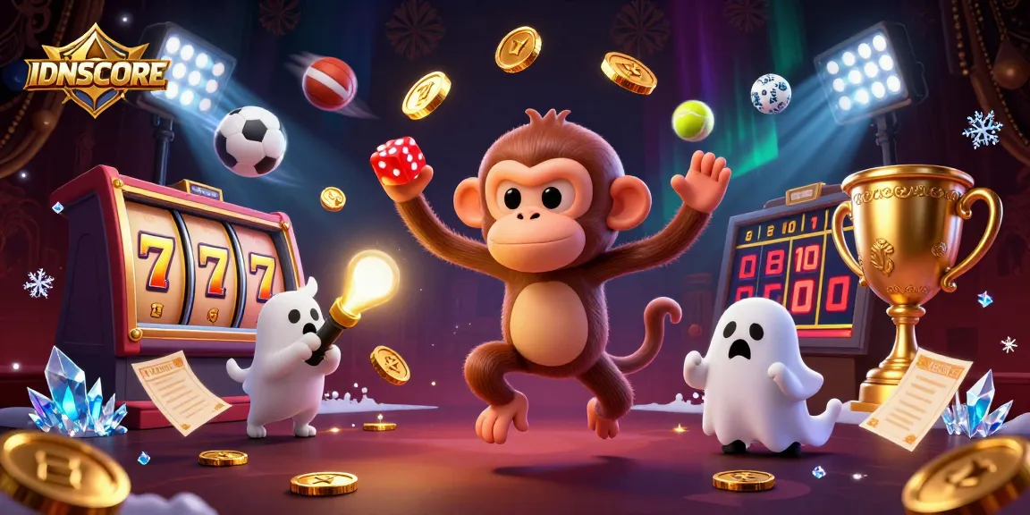 IDNSCORE platform showcases engaging gambling, with vibrant slot reels and exciting game elements in the casino
