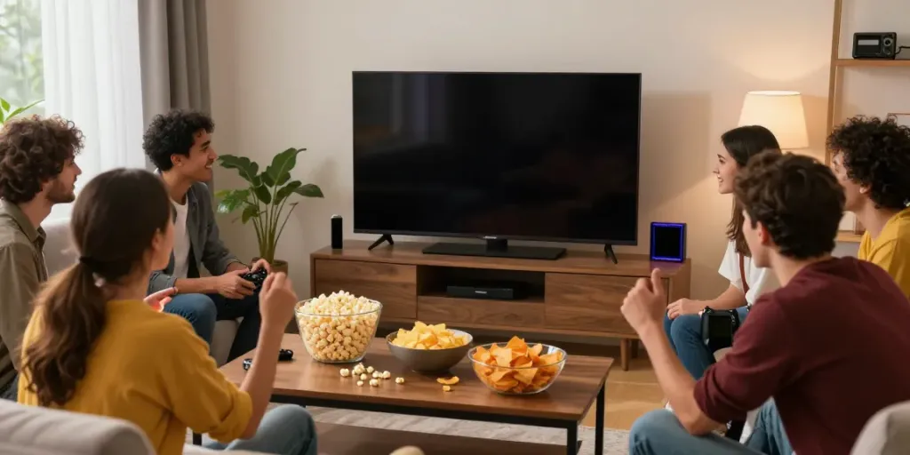 Group of friends enjoying rokok88 link in a cozy gaming night.