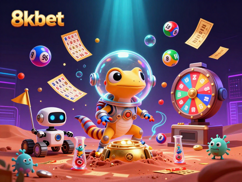Experience thrilling fun at 8xbet as the Martian gecko explores a golden casino adventure.