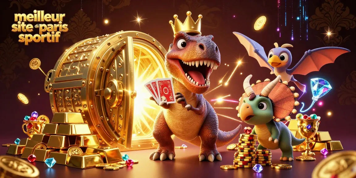 Illustration 3D humoristique du meilleur site de paris sportif avec un T-Rex et des jeux de cartes.