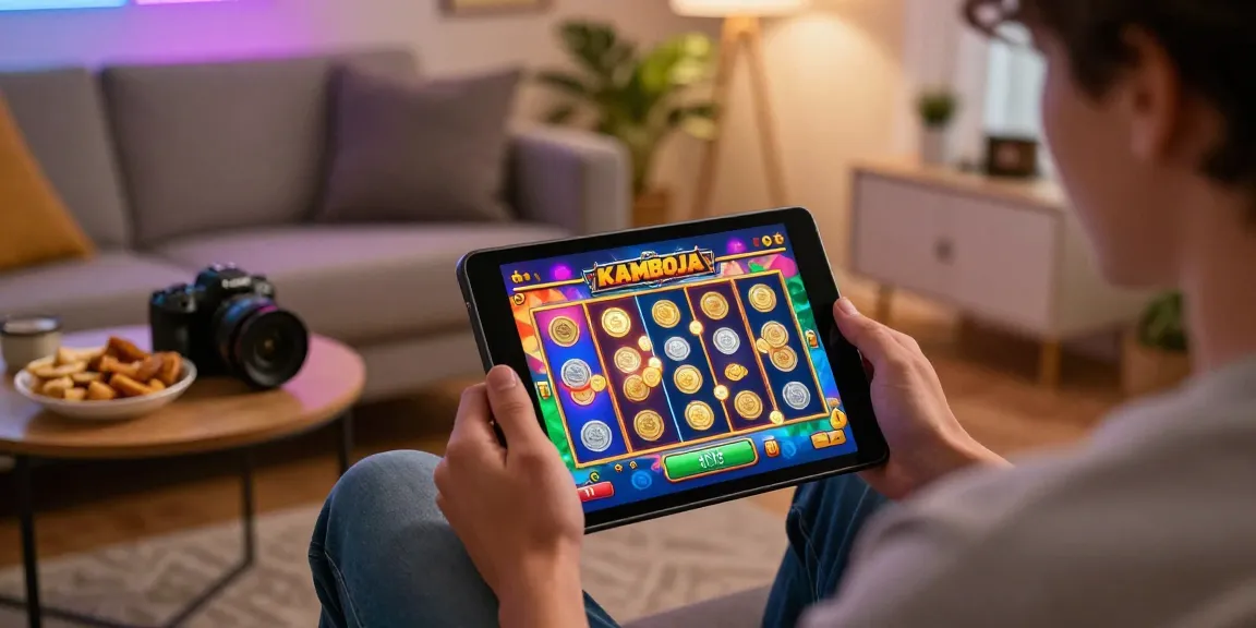 Exciting at-home gaming setup featuring a player enjoying the kamboja slot game on a tablet within a vibrant environment.
