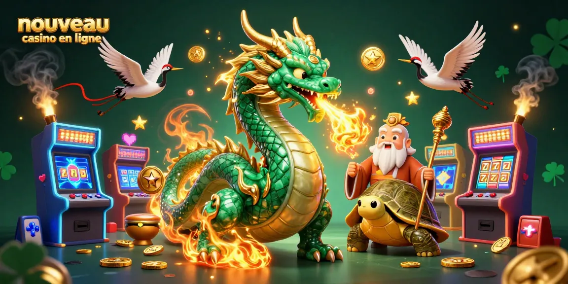 Profitez d'une expérience immersive dans un nouveau casino en ligne, illustrée par un dragon majestueux et une tortue sage.