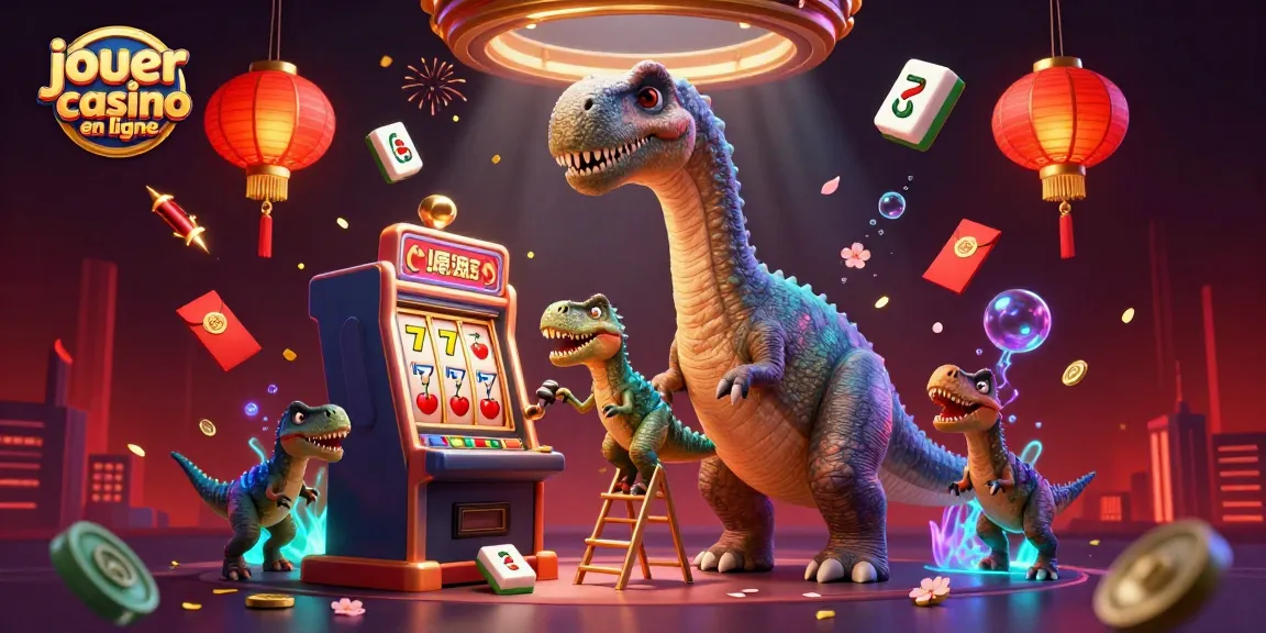 Jouer au casino en ligne avec un brontosaurus cartoon et un rapace aux machines à sous, ambiance festive et colorée.