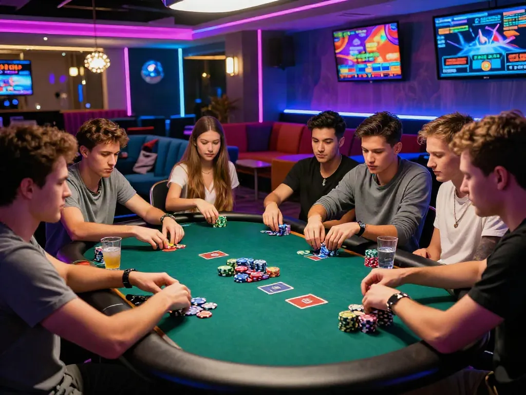 Engaged group playing at rokok88 link casino table amid vibrant neon lights.