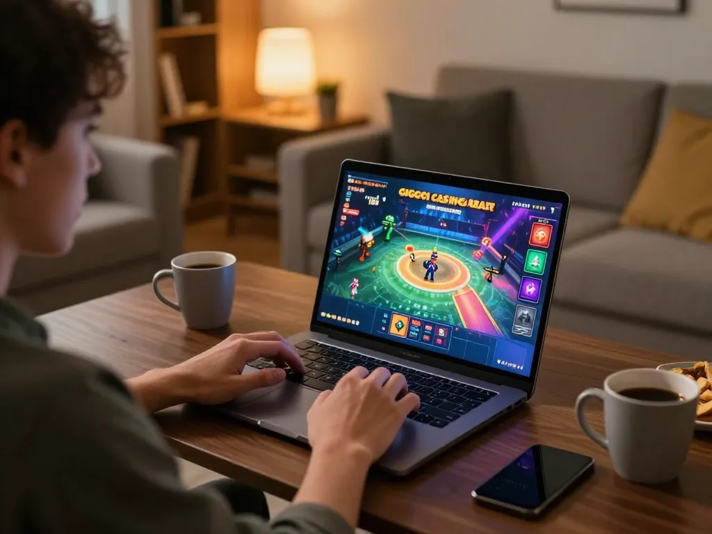 Engaging in giochi casino gratis senza registrazione with an online setup featuring a laptop in a cozy home