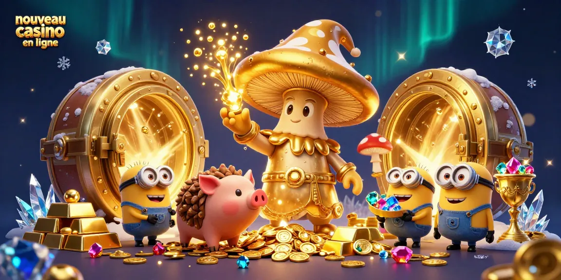 Illustration dynamique d'un nouveau casino en ligne montrant un magicien champignon et des trésors scintillants.