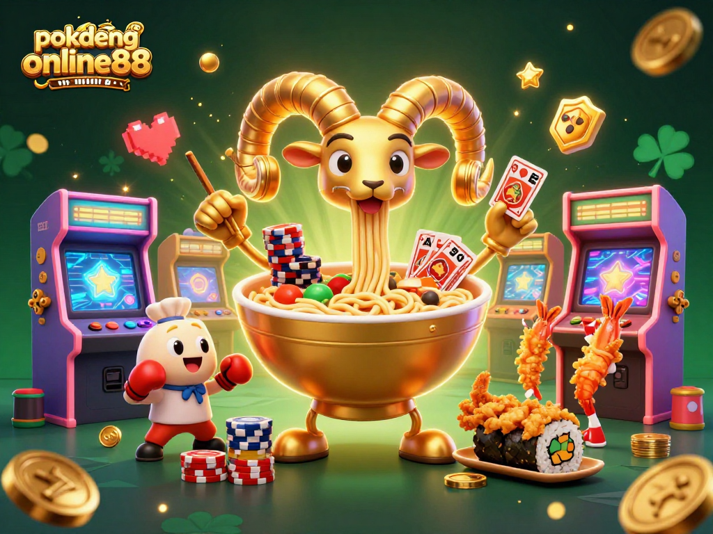 Engage in thrilling Pok Deng action with pokdeng-online88, featuring colorful 3D characters and casino elements.
