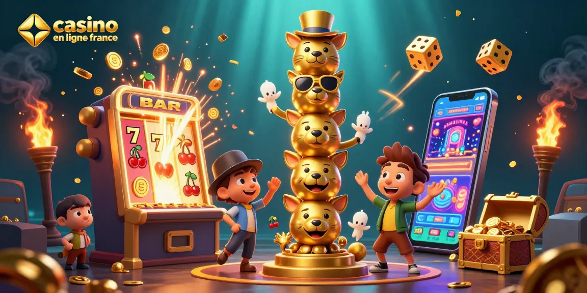 Une illustration 3D captivante représentant un totem en or, une machine à sous explosive et un smartphone de jeux de casino, symbolisant le casino en ligne France.