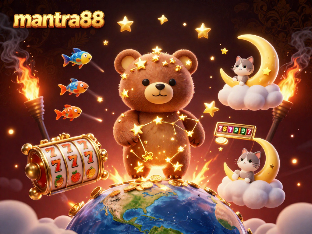Experience wins at mantra88 while a bear scoops coins, surrounded by exciting casino elements.