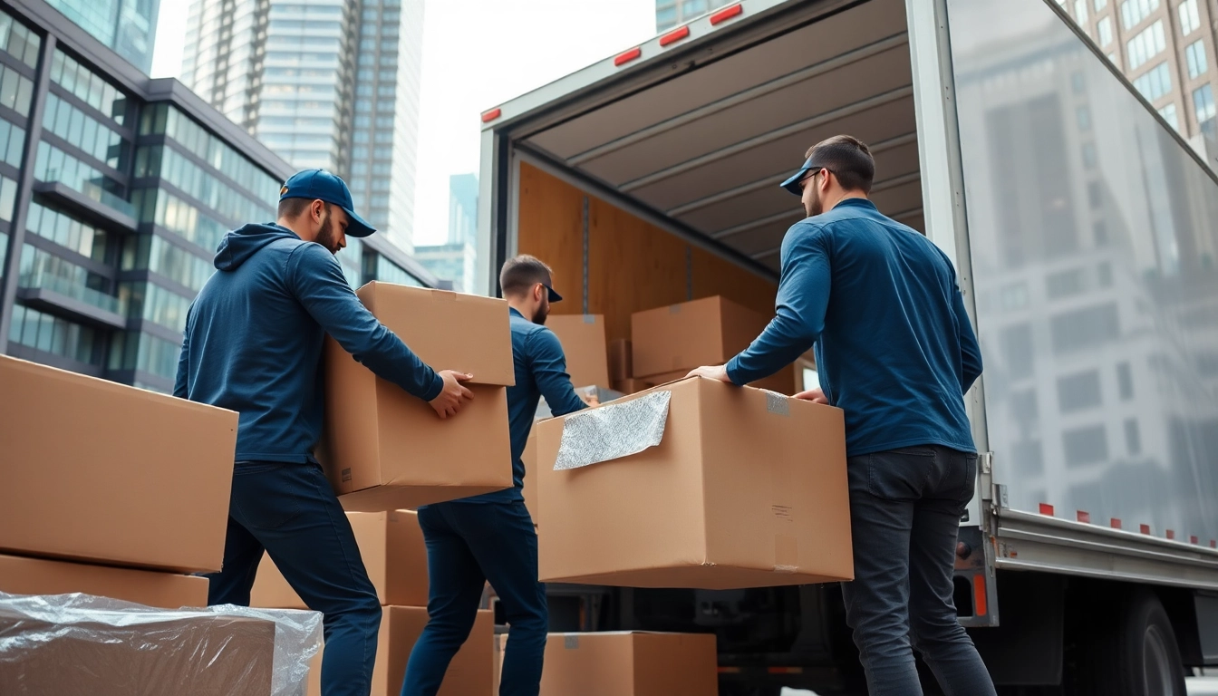 Toronto movers efficiently loading furniture into a moving truck on a busy street.