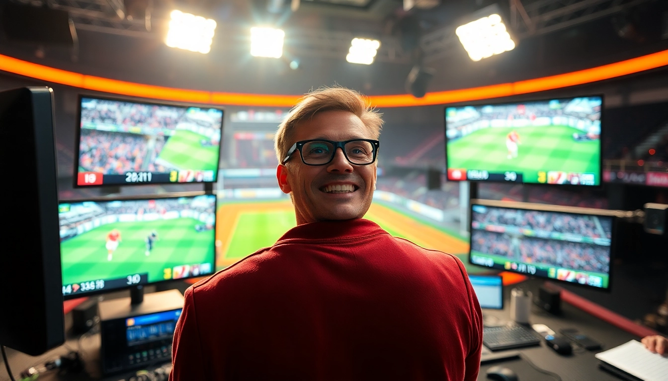 스포츠중계에 대한 열정적인 해설자가 스튜디오에서 경기를 분석하는 모습