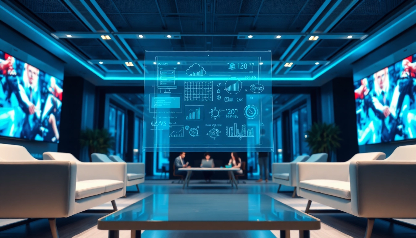 Showcasing advanced Technology concepts in a vibrant office with a holographic display.