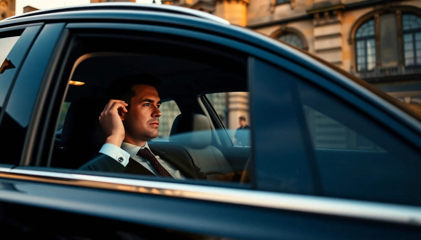 Chauffeur Nottingham transporting clientele in a luxurious black car amidst historic architecture.