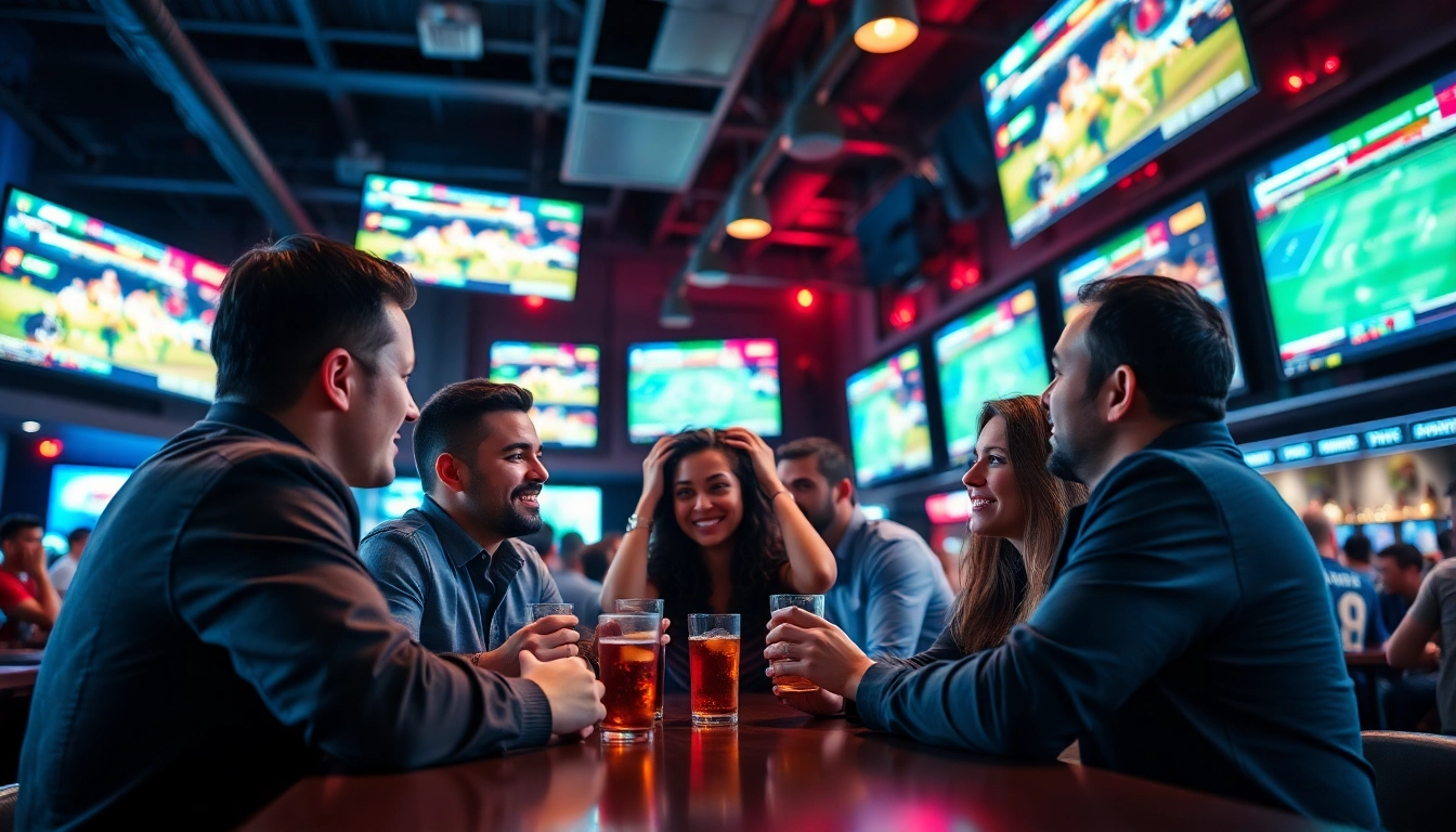 Bettors celebrating sports betting Brazil in a lively sports bar with vibrant screens.