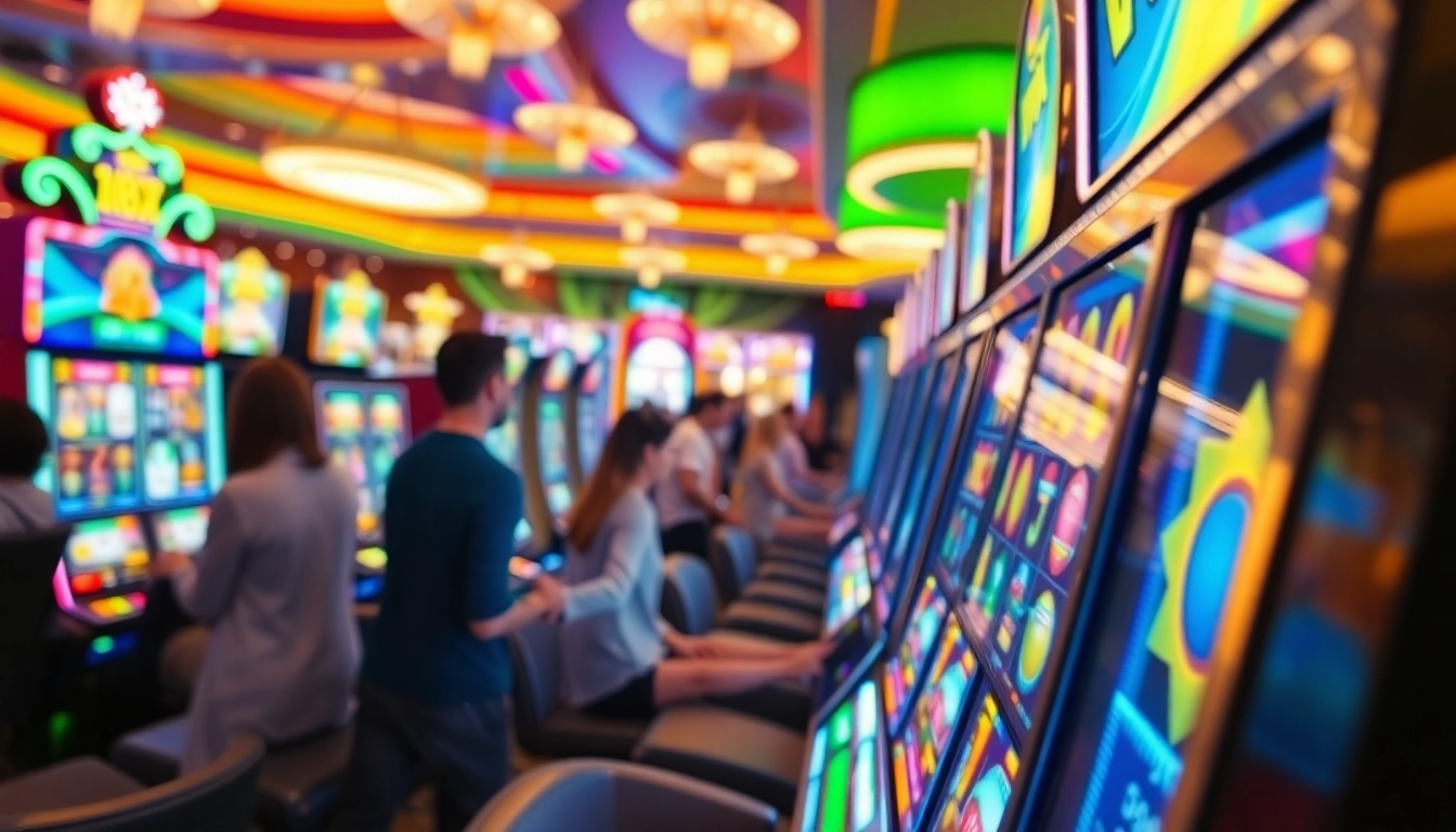 Tampil situs slot gacor dengan mesin slot berwarna menarik di kasino yang ramai dan berseri.