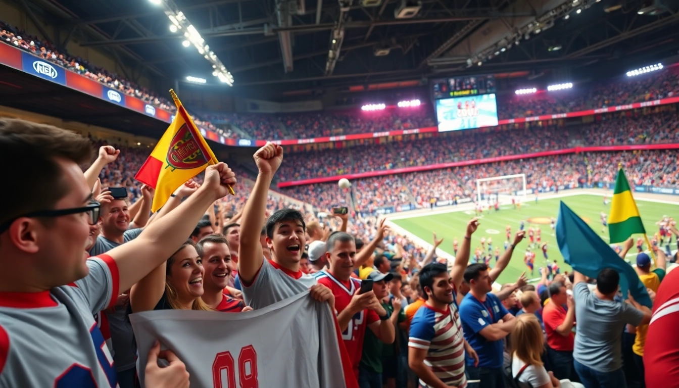 스포츠중계 중인 열광적인 팬들이 있는 경기장 모습