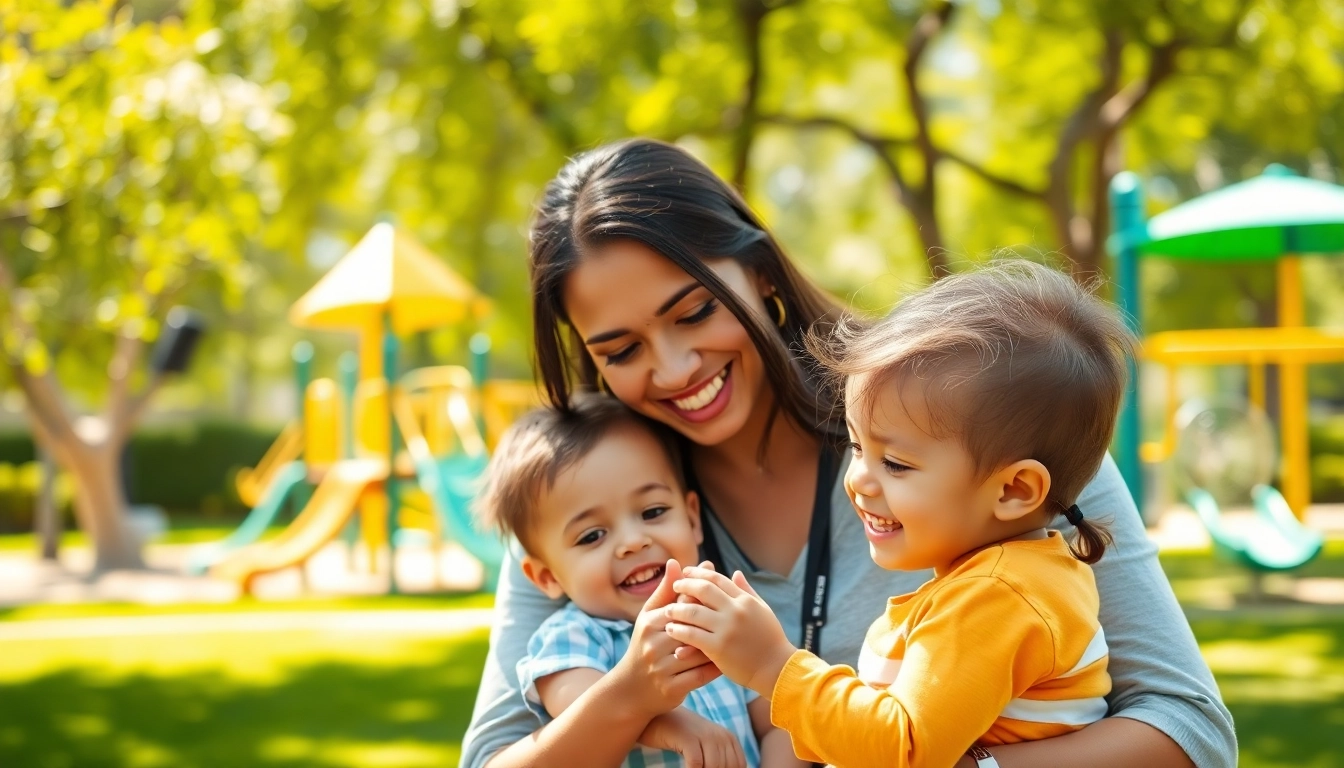 Find a trusted nanny in Dubai engaging joyfully with children in a sunny park.