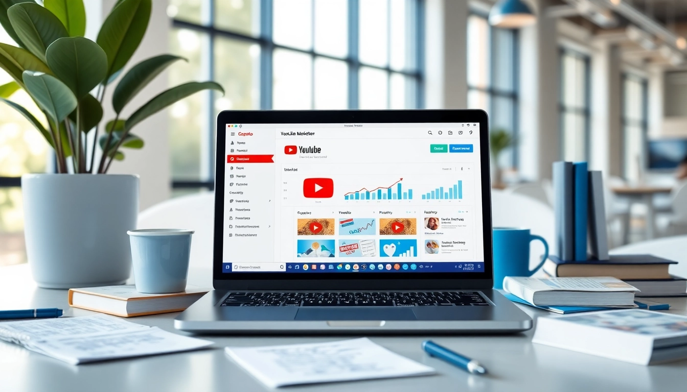 Engaging workspace featuring a youtube smm panel dashboard on a laptop for digital marketing.