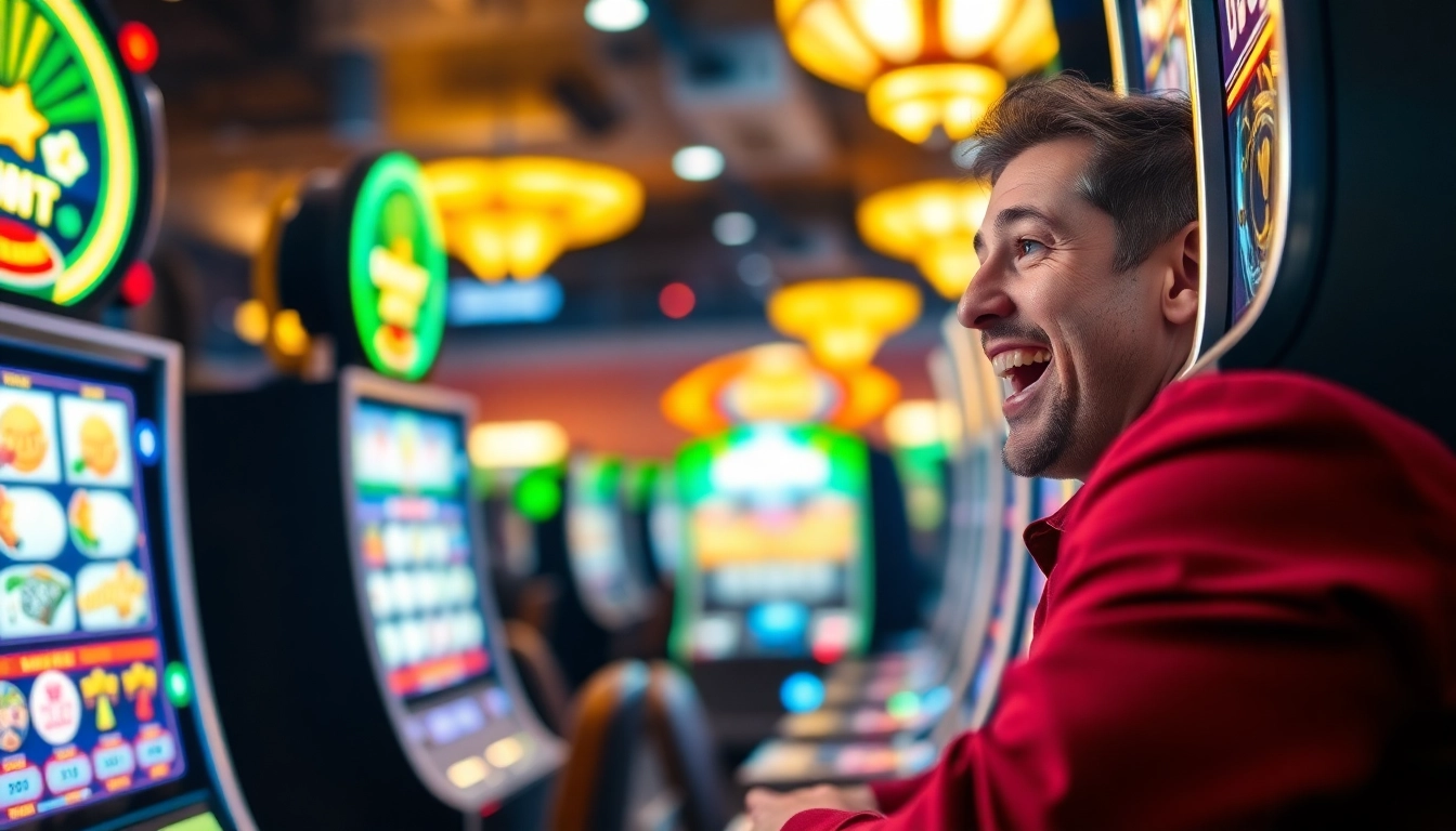 Memenangkan permainan situs slot gacor dengan mesin slot penuh warna dan lampu neon yang cerah.