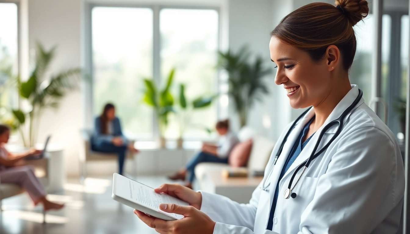 Health expert analyzing patient data in a modern clinic environment, showcasing professionalism and care.