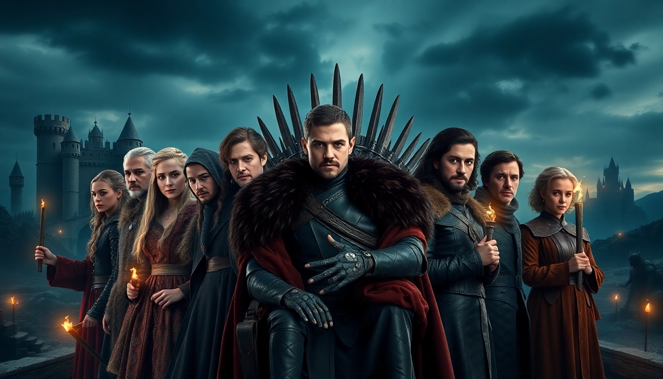 Highlighting key figures from the game of thrones cast in a dramatic fantasy setting.
