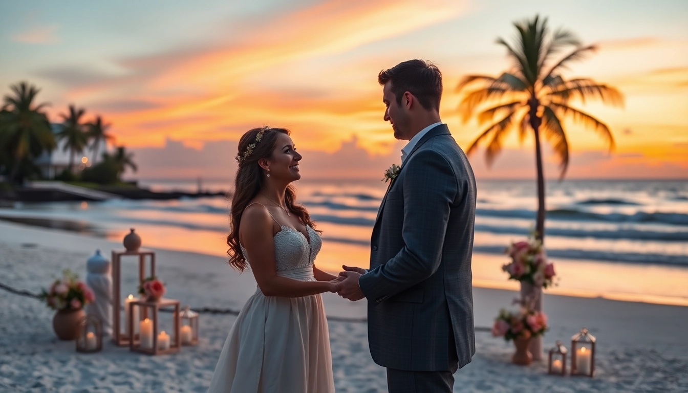 Stunning sunset elopement captured by a tampa elopement photographer, showcasing a couple exchanging vows on a beach.