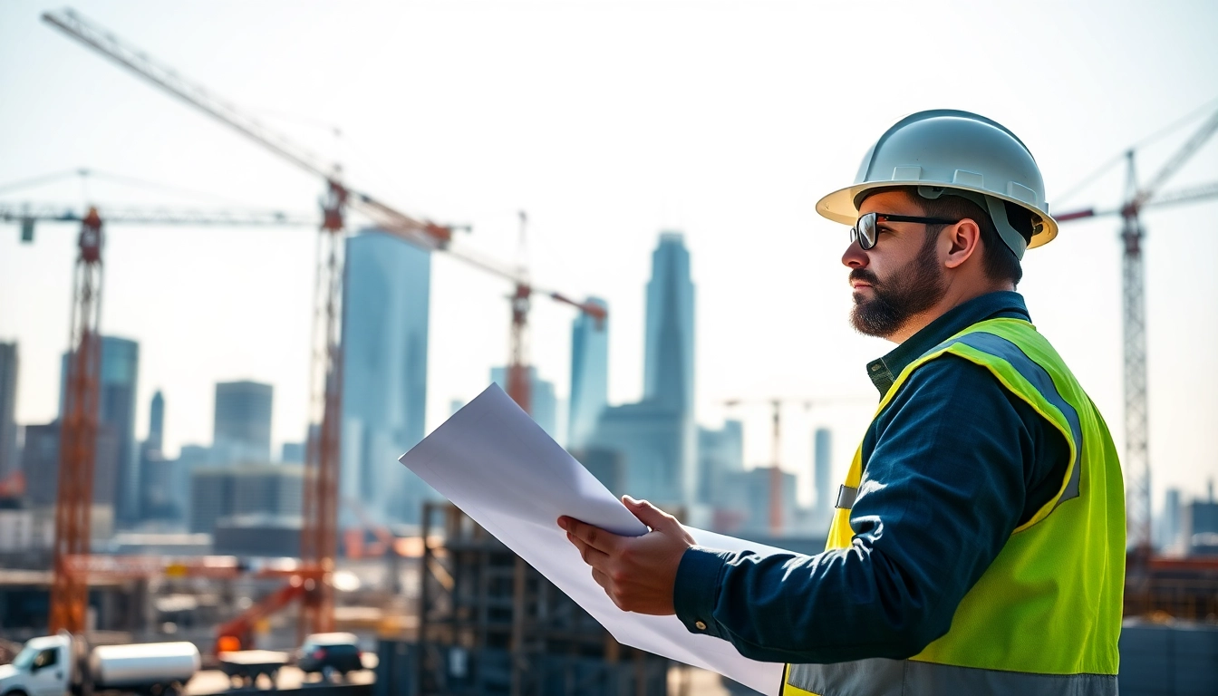 Manhattan Commercial General Contractor reviewing blueprints at an urban construction site.