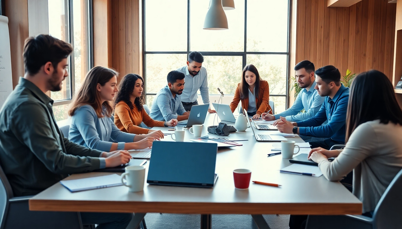 Engaged team members collaborating on small business jobs in a vibrant office setting.