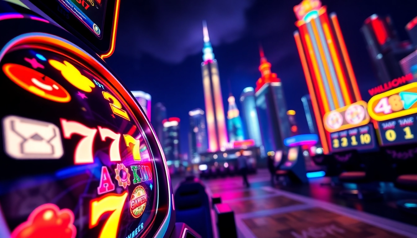 Tampilkan kemenangan menarik di pakde4d slot dengan slot mesin berwarna cerah dan latar belakang kota digital.