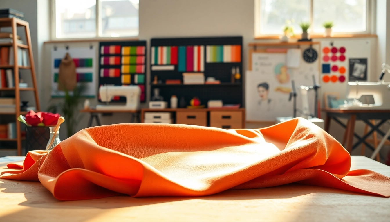 Punta di Roma stof in een creatieve studio-setting met kleurstalen en naaigereedschap