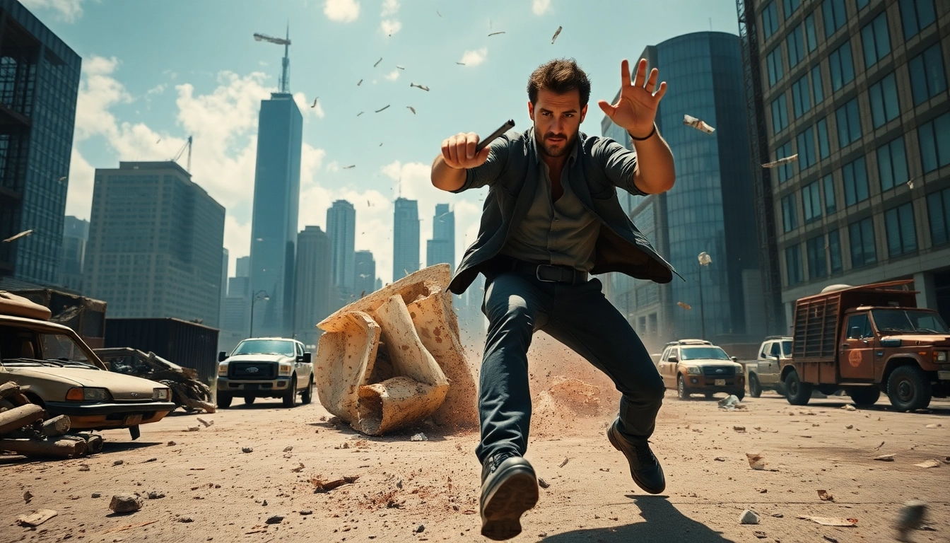 Action-packed scene of a Clean action thriller hero evading danger in a striking urban setting.