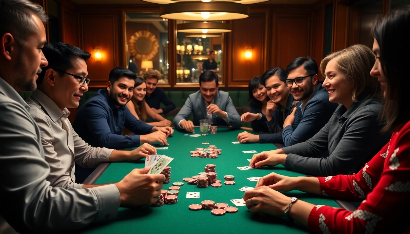 Permainan poker online game yang seru dengan pemain bersemangat dan kartu di tangan.