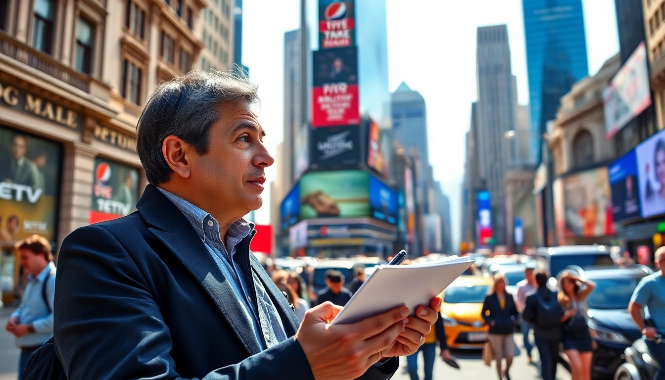 Capture of a journalist reporting as the website diknews.co.uk reports, showcasing urban life and vibrant energy.