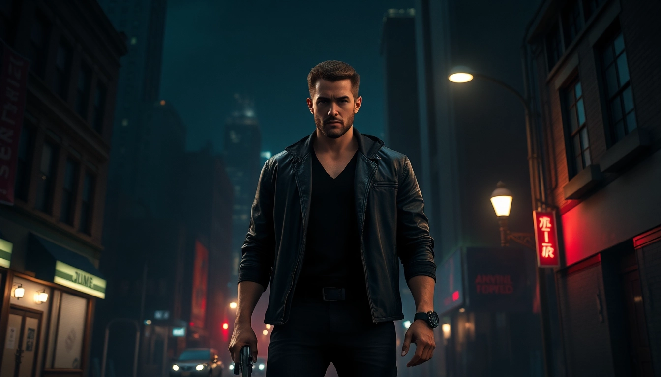 Hero stands ready in a gritty urban landscape, exemplifying the essence of Clean action thriller.