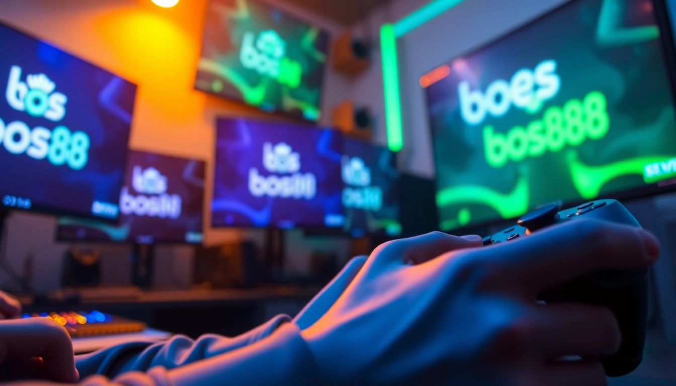 Menampilkan pengalaman bermain bos88 dengan gamer fokus di studio gaming yang energik.