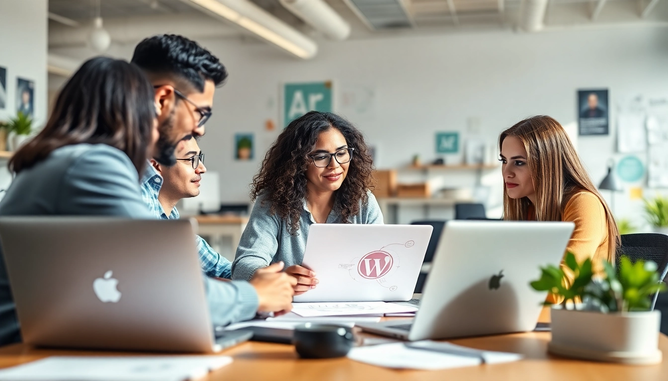 Showcase of a professional team discussing wordpress development outsourcing solutions in a dynamic office.