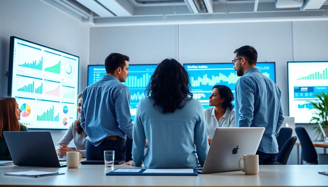 Engaged professionals collaborating on seo service malaysia in a modern office environment.