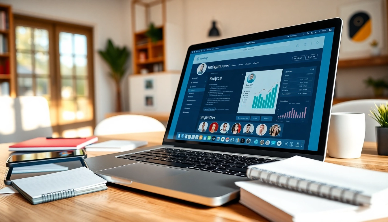 Analyze Instagram smm panel data in a modern digital marketing office setting with laptop and smartphone.