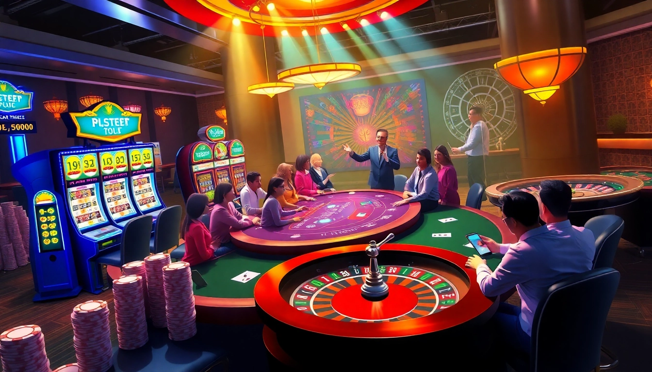 Exciting casino scene showcasing KJC's gambling environment with slot machines, poker chips, roulette wheels, and table games.